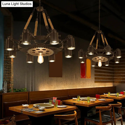 Industrial Adjustable Chandelier Pendant with 8 Lights, Black/Rust Wheel Design, Restaurant Ceiling Spotlight, Rope Accent