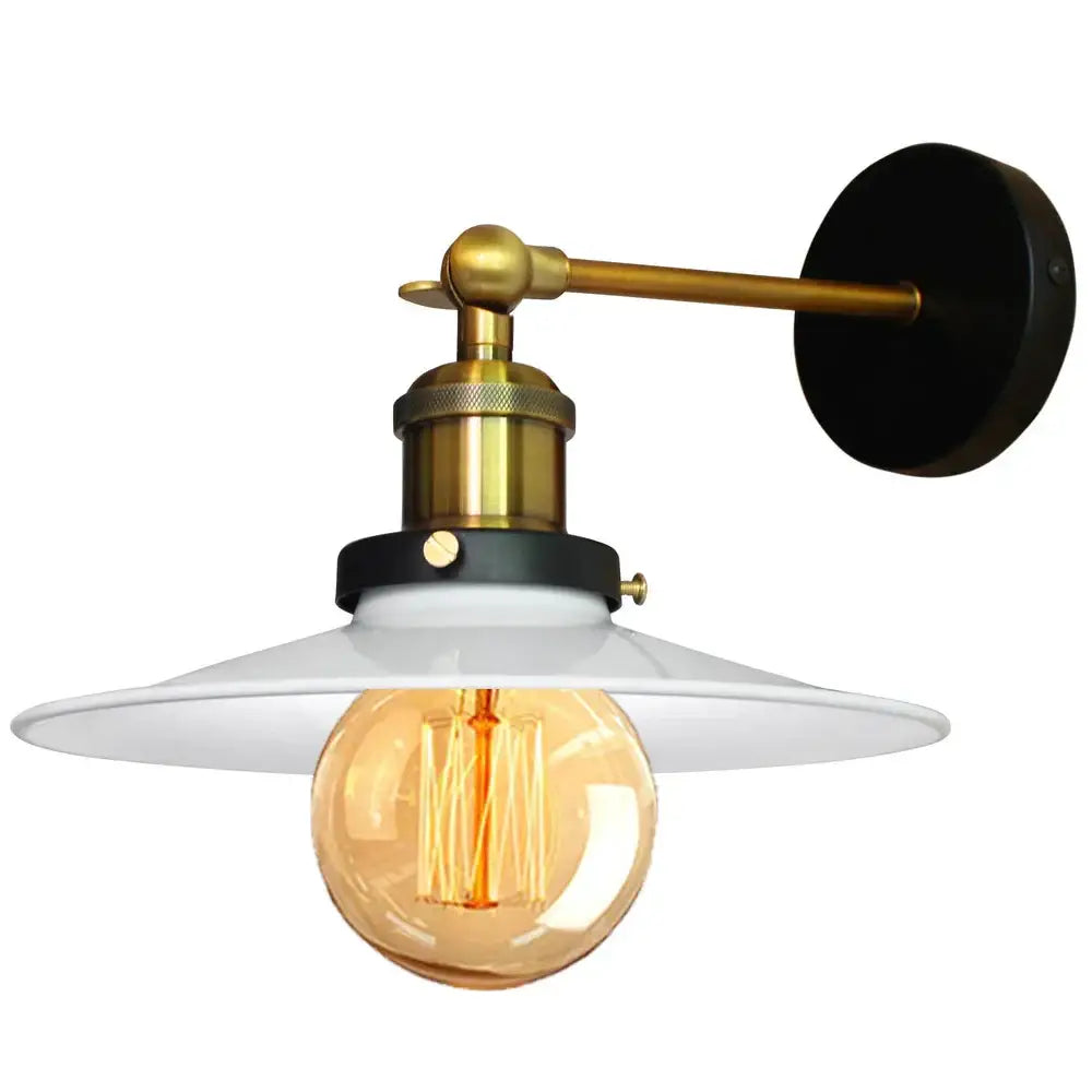 Industrial adjustable wall light with brass arm, black mounting plate, and white ceramic shade for kitchen decorbites industrial adjustable