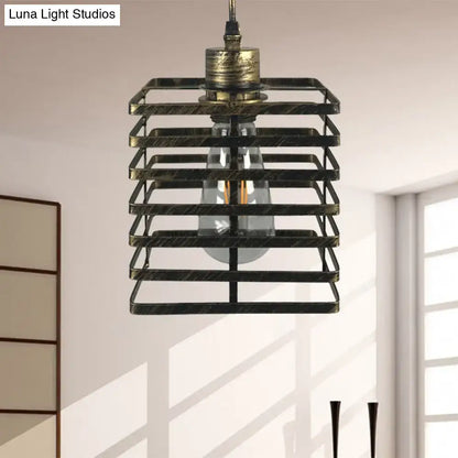 DecorBites™ vintage metal pendant ceiling light with distressed black cage and aged brass cylinder shade for restaurants