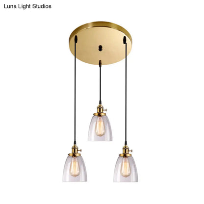 Industrial Aged Brass Dining Room Pendant Light Fixture with Tapered Clear Glass Shades - 3-Light