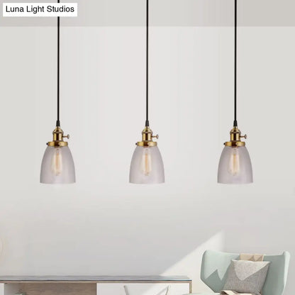 Industrial Aged Brass Dining Room Pendant Light Fixture with Tapered Clear Glass Shades - 3-Light