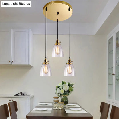 Industrial Aged Brass Dining Room Pendant Light Fixture with Tapered Clear Glass Shades - 3-Light