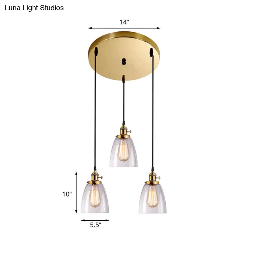 Industrial Aged Brass Dining Room Pendant Light Fixture with Tapered Clear Glass Shades - 3-Light