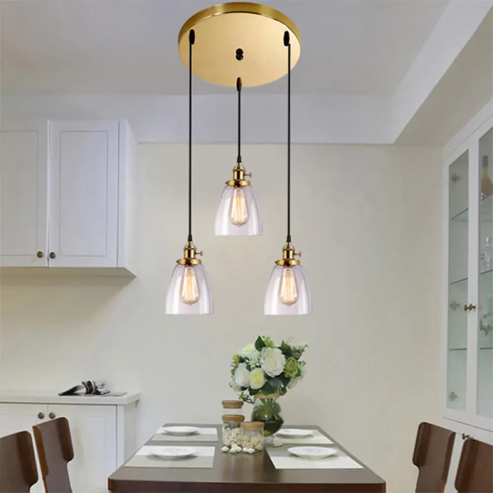 Industrial Aged Brass Dining Room Pendant Light Fixture with Tapered Clear Glass Shades - 3-Light