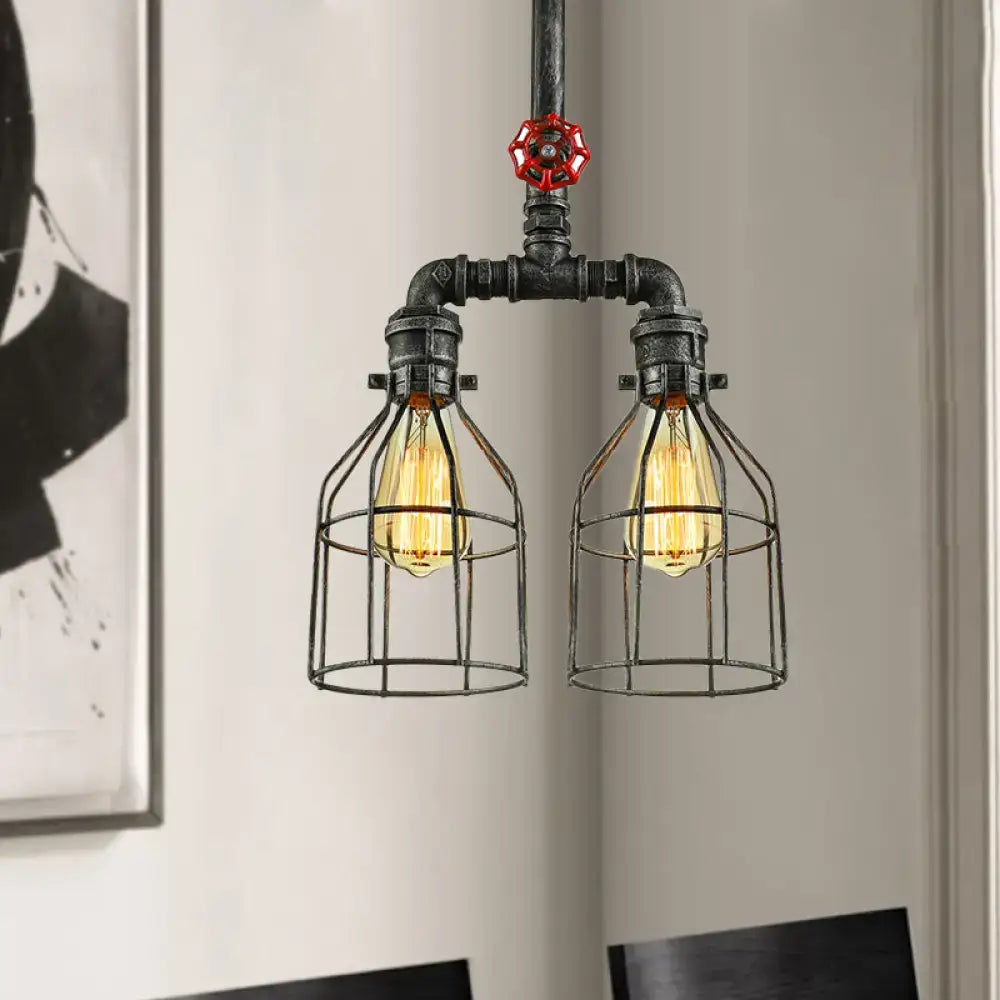 DecorBites hanging rustic wire guard pendant light with aged silver black metal pipes and exposed filament bulbs