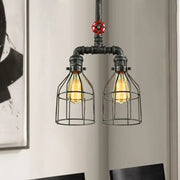 DecorBites hanging rustic wire guard pendant light with aged silver black metal pipes and exposed filament bulbs
