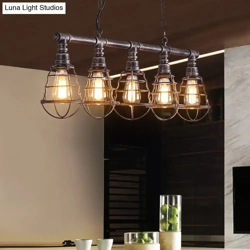 Industrial aged silver metal caged island dining room pendant light with five exposed edison bulbs 110v-120v 220v-240v