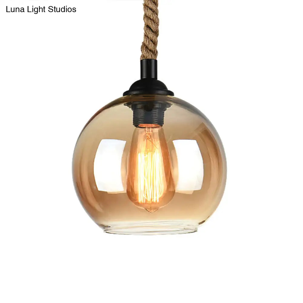 Industrial Amber/Clear Glass Ball Pendant Lamp for Restaurant Ceiling with Rope Rod