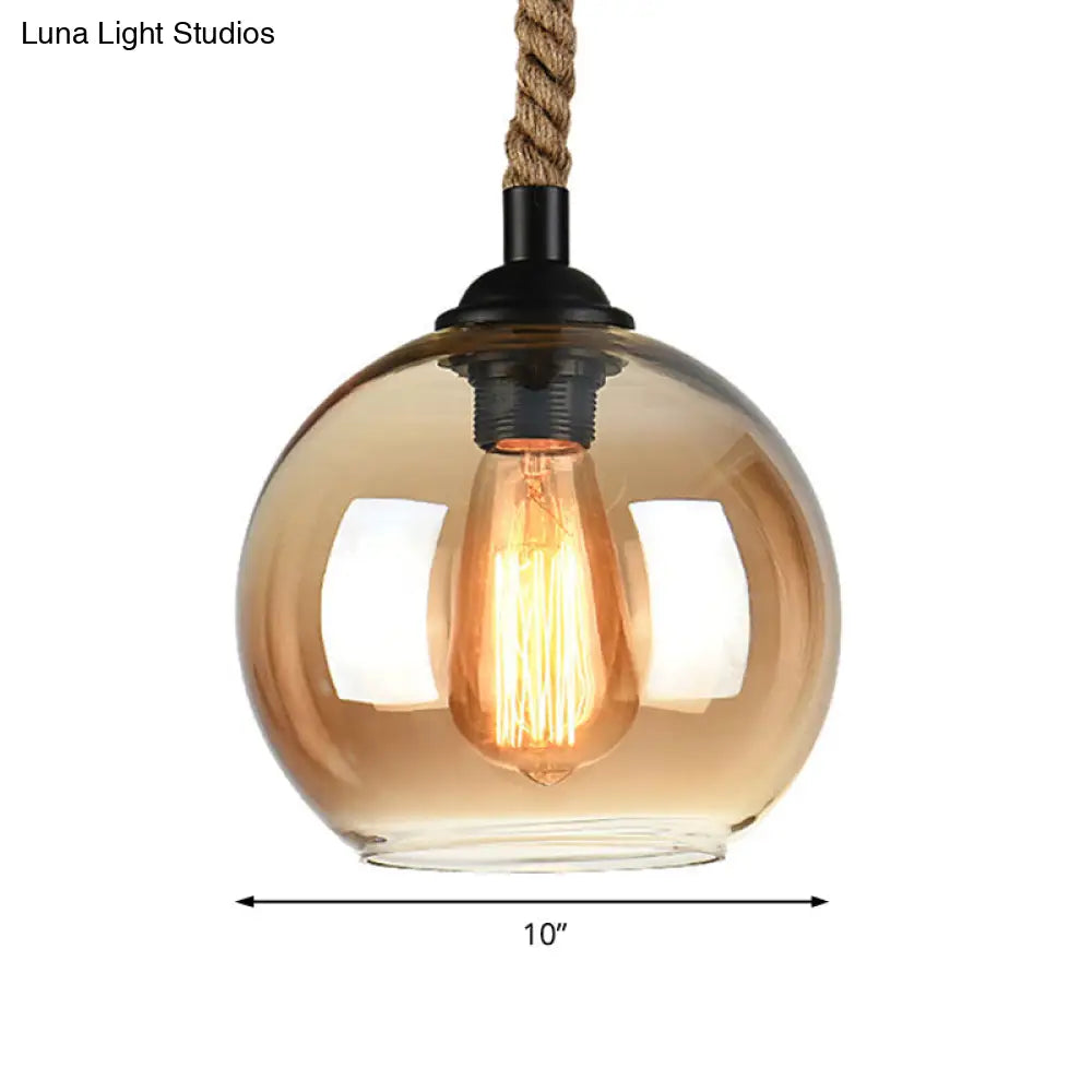 Industrial Amber/Clear Glass Ball Pendant Lamp for Restaurant Ceiling with Rope Rod