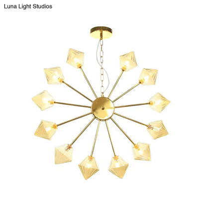 Industrial Amber/Clear Glass Diamond Shade Chandelier Lamp with Multiple Heads in Black/Brass/Copper for Living Room