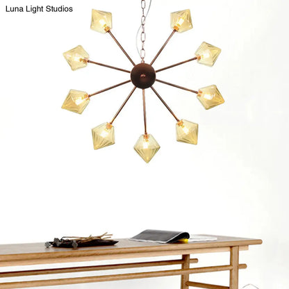 Industrial Amber/Clear Glass Diamond Shade Chandelier Lamp with Multiple Heads in Black/Brass/Copper for Living Room