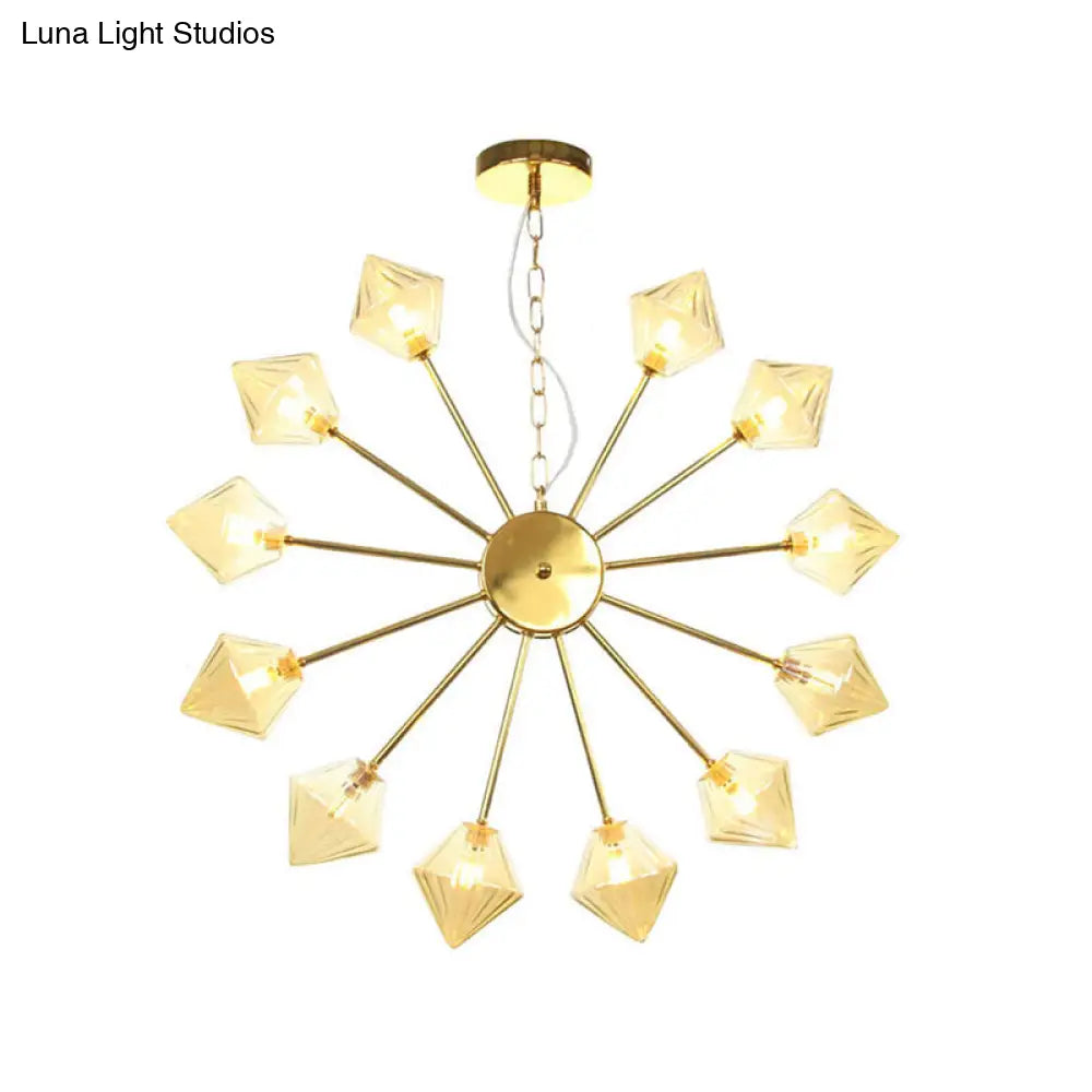 Industrial Amber/Clear Glass Diamond Shade Chandelier Lamp with Multiple Heads in Black/Brass/Copper for Living Room