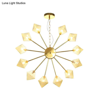Industrial Amber/Clear Glass Diamond Shade Chandelier Lamp with Multiple Heads in Black/Brass/Copper for Living Room