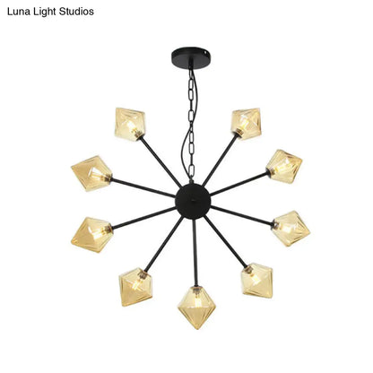 Industrial Amber/Clear Glass Diamond Shade Chandelier Lamp with Multiple Heads in Black/Brass/Copper for Living Room