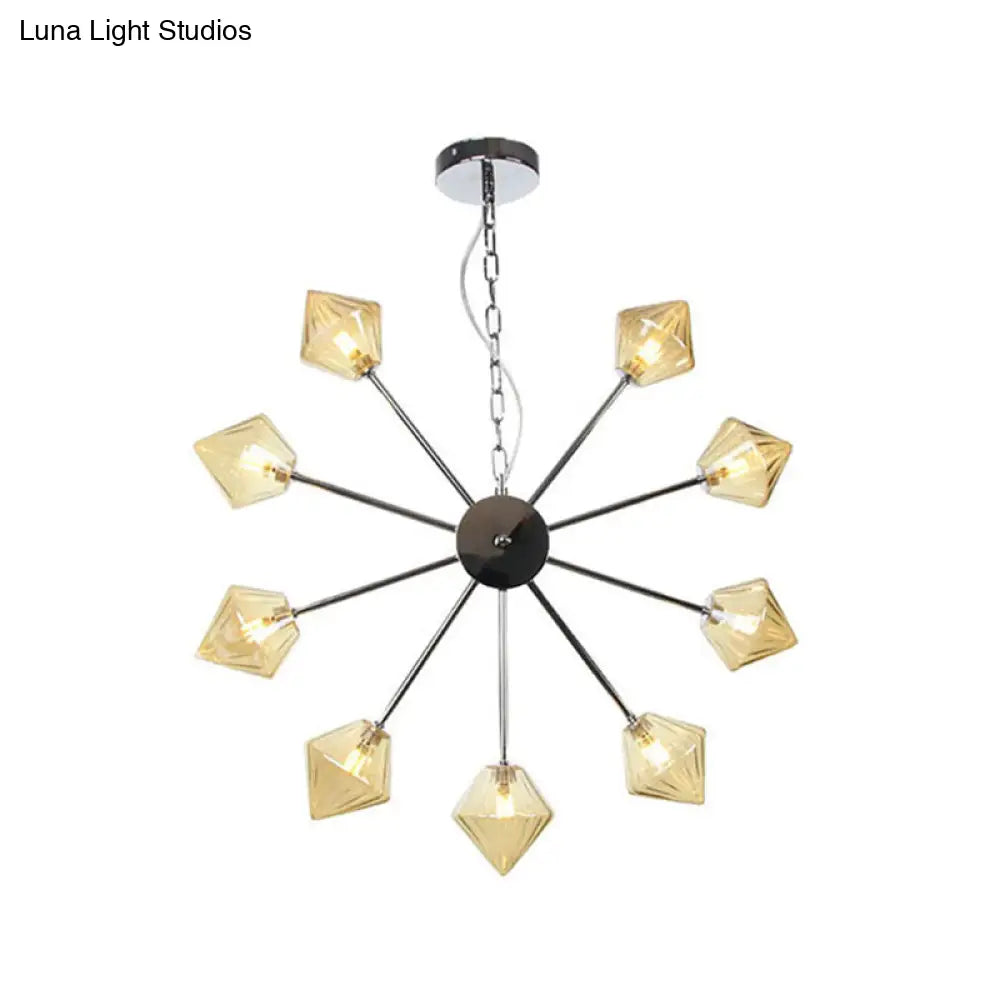 Industrial Amber/Clear Glass Diamond Shade Chandelier Lamp with Multiple Heads in Black/Brass/Copper for Living Room