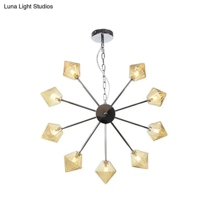 Industrial Amber/Clear Glass Diamond Shade Chandelier Lamp with Multiple Heads in Black/Brass/Copper for Living Room