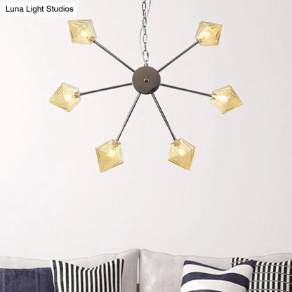Industrial Amber/Clear Glass Diamond Shade Chandelier Lamp with Multiple Heads in Black/Brass/Copper for Living Room