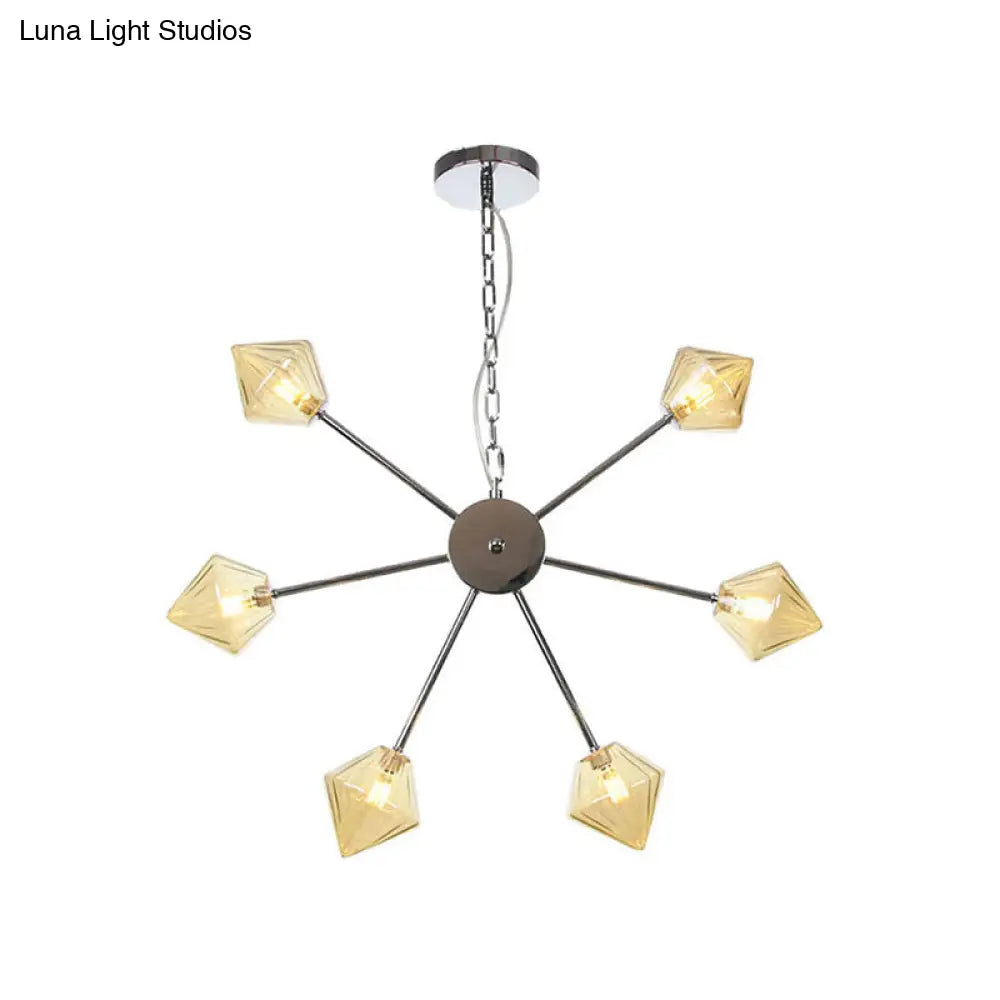 Industrial Amber/Clear Glass Diamond Shade Chandelier Lamp with Multiple Heads in Black/Brass/Copper for Living Room