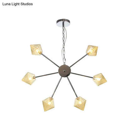 Industrial Amber/Clear Glass Diamond Shade Chandelier Lamp with Multiple Heads in Black/Brass/Copper for Living Room