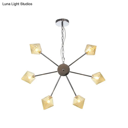 Industrial Amber/Clear Glass Diamond Shade Chandelier Lamp with Multiple Heads in Black/Brass/Copper for Living Room
