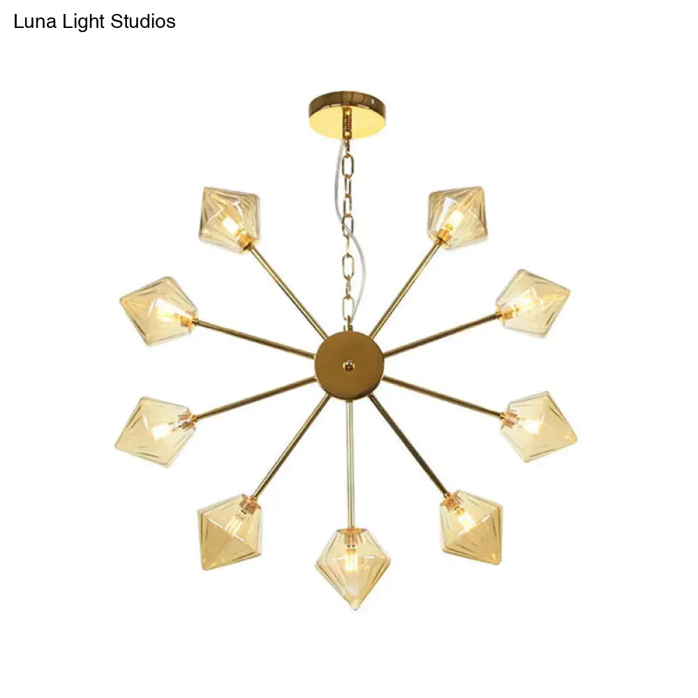 Industrial Amber/Clear Glass Diamond Shade Chandelier Lamp with Multiple Heads in Black/Brass/Copper for Living Room