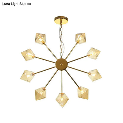 Industrial Amber/Clear Glass Diamond Shade Chandelier Lamp with Multiple Heads in Black/Brass/Copper for Living Room