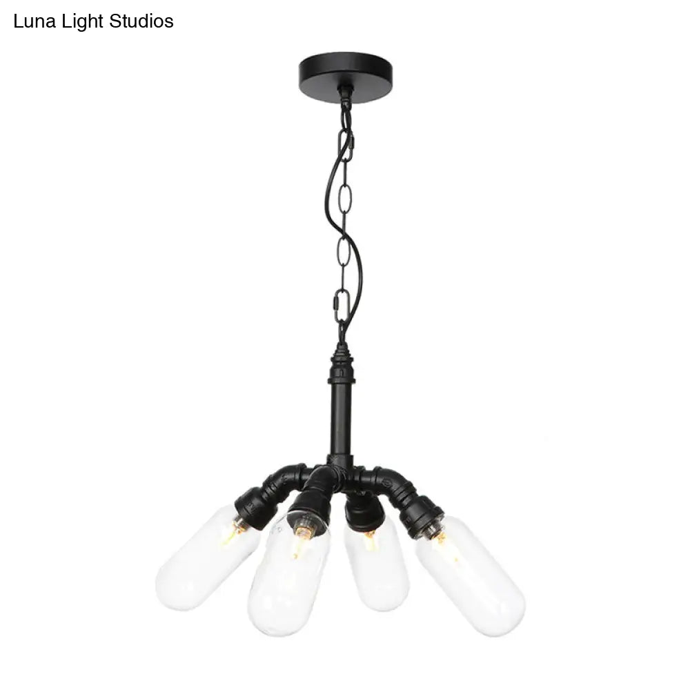 Industrial Amber/Clear Glass Hanging Chandelier with LED Lights for Dining Room - 2/3/4 Heads in Black Finish