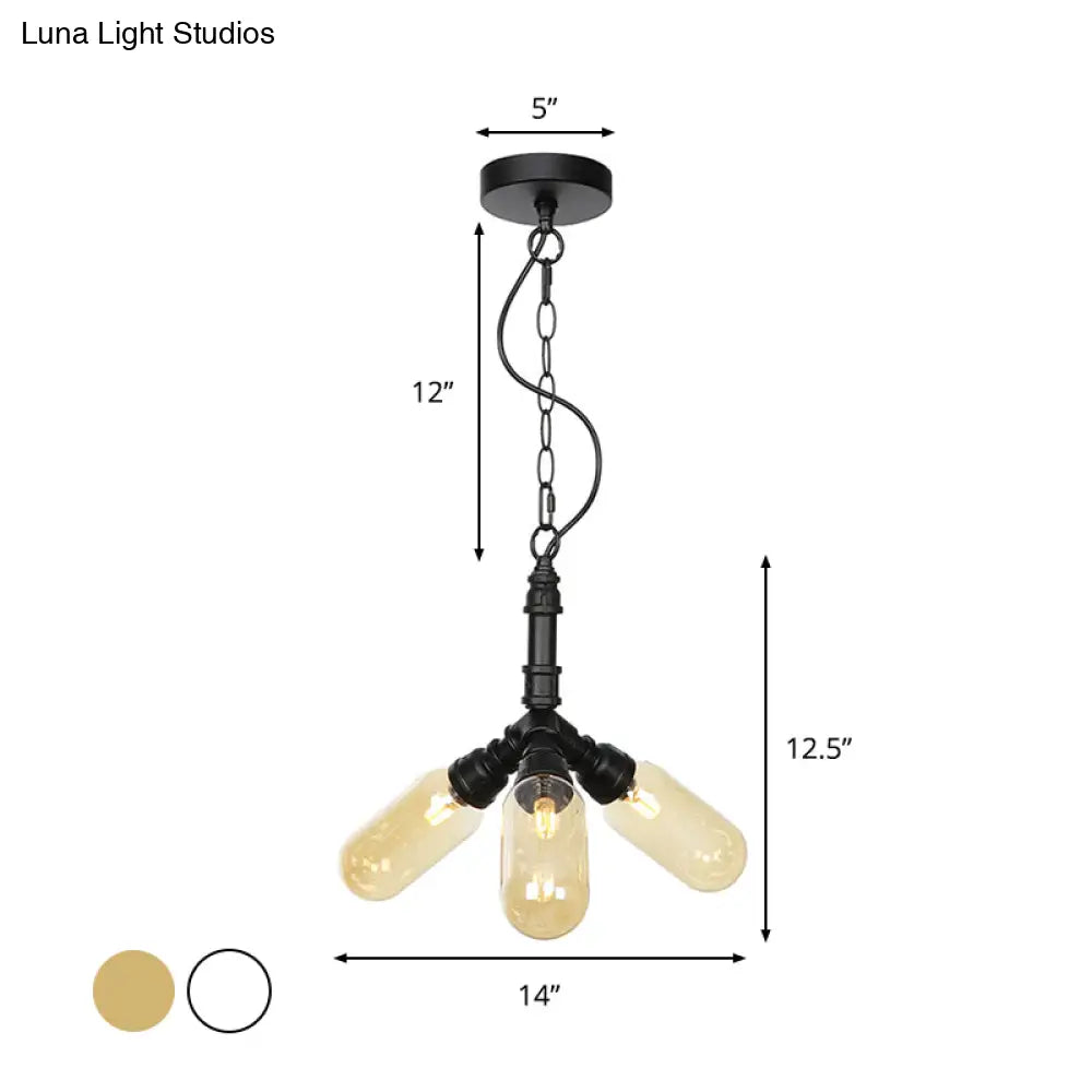 Industrial Amber/Clear Glass Hanging Chandelier with LED Lights for Dining Room - 2/3/4 Heads in Black Finish