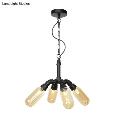 Industrial Amber/Clear Glass Hanging Chandelier with LED Lights for Dining Room - 2/3/4 Heads in Black Finish