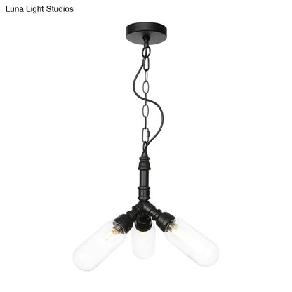 Industrial Amber/Clear Glass Hanging Chandelier with LED Lights for Dining Room - 2/3/4 Heads in Black Finish