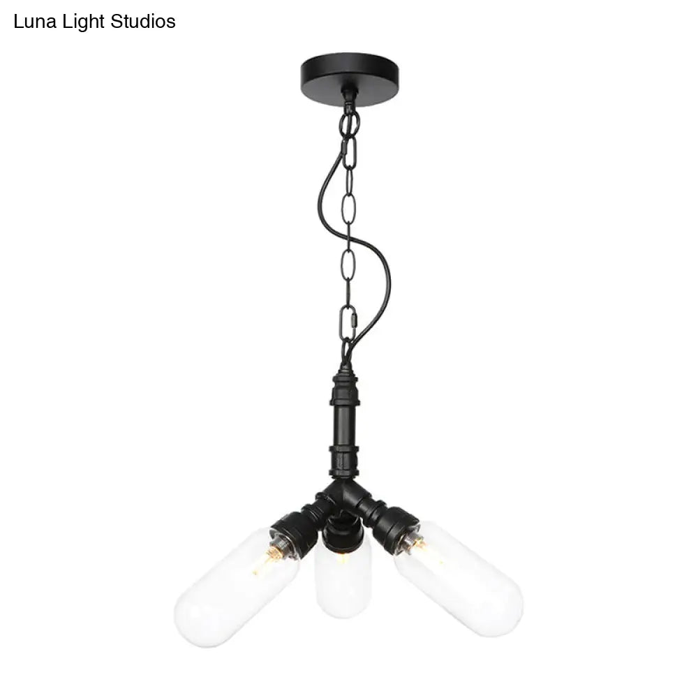 Industrial Amber/Clear Glass Hanging Chandelier with LED Lights for Dining Room - 2/3/4 Heads in Black Finish