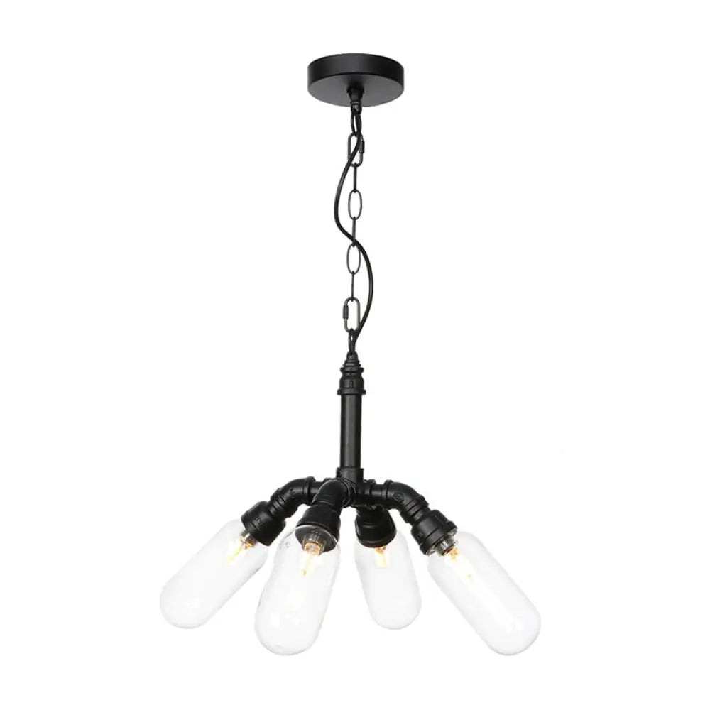 Industrial Amber/Clear Glass Hanging Chandelier with LED Lights for Dining Room - 2/3/4 Heads in Black Finish