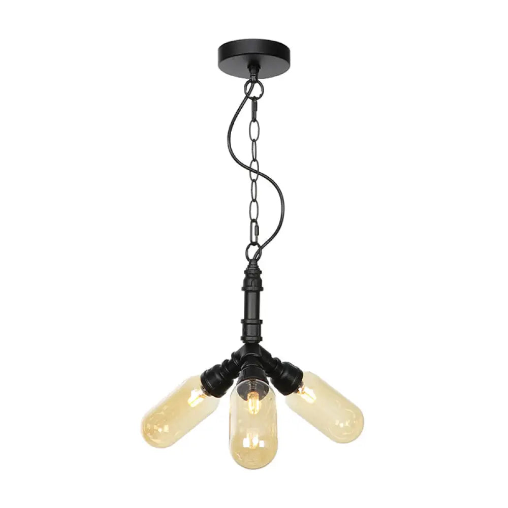 Industrial Amber/Clear Glass Hanging Chandelier with LED Lights for Dining Room - 2/3/4 Heads in Black Finish