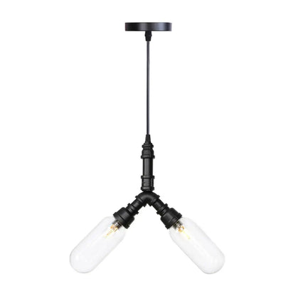 Industrial Amber/Clear Glass Hanging Chandelier with LED Lights for Dining Room - 2/3/4 Heads in Black Finish