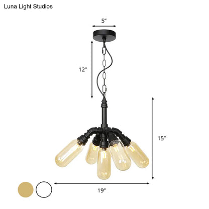 Industrial Amber/Clear Glass Hanging Chandelier with LED Lights for Dining Room - 2/3/4 Heads in Black Finish