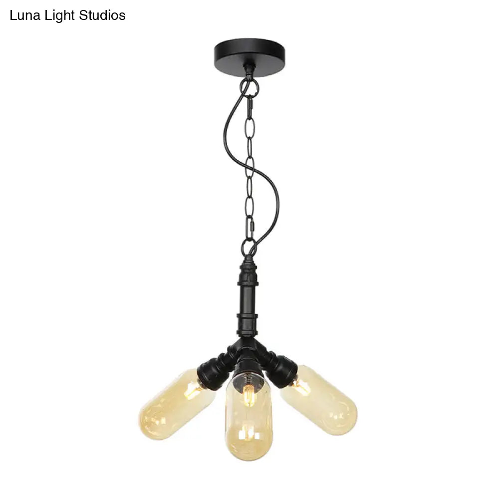 Industrial Amber/Clear Glass Hanging Chandelier with LED Lights for Dining Room - 2/3/4 Heads in Black Finish