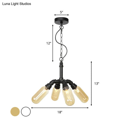 Industrial Amber/Clear Glass Hanging Chandelier with LED Lights for Dining Room - 2/3/4 Heads in Black Finish