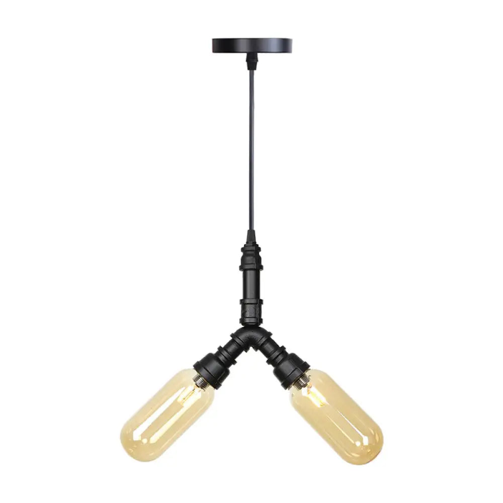 Industrial Amber/Clear Glass Hanging Chandelier with LED Lights for Dining Room - 2/3/4 Heads in Black Finish