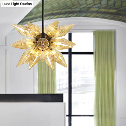 Industrial Amber/Clear Ribbed Glass Pendant Lighting with Starburst Design - 9/12/15 Heads Bedroom Chandelier Lamp