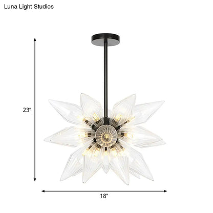 Industrial Amber/Clear Ribbed Glass Pendant Lighting with Starburst Design - 9/12/15 Heads Bedroom Chandelier Lamp