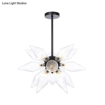 Industrial Amber/Clear Ribbed Glass Pendant Lighting with Starburst Design - 9/12/15 Heads Bedroom Chandelier Lamp