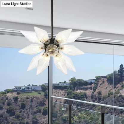 Industrial Amber/Clear Ribbed Glass Pendant Lighting with Starburst Design - 9/12/15 Heads Bedroom Chandelier Lamp