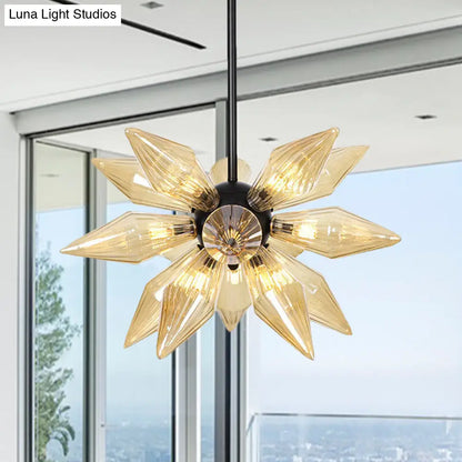 Industrial Amber/Clear Ribbed Glass Pendant Lighting with Starburst Design - 9/12/15 Heads Bedroom Chandelier Lamp