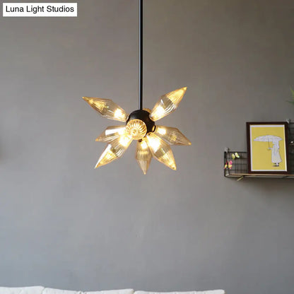 Industrial Amber/Clear Ribbed Glass Pendant Lighting with Starburst Design - 9/12/15 Heads Bedroom Chandelier Lamp