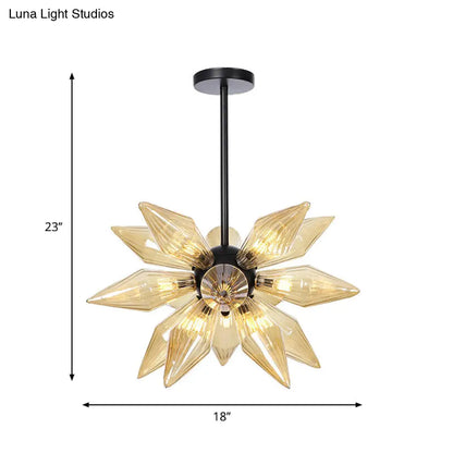 Industrial Amber/Clear Ribbed Glass Pendant Lighting with Starburst Design - 9/12/15 Heads Bedroom Chandelier Lamp