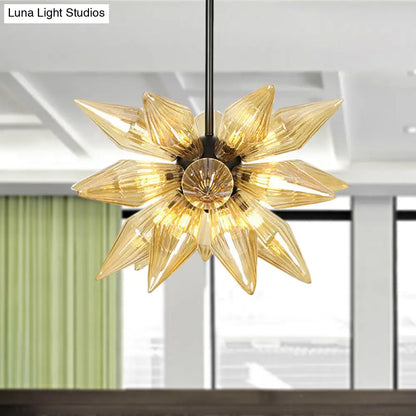 Industrial Amber/Clear Ribbed Glass Pendant Lighting with Starburst Design - 9/12/15 Heads Bedroom Chandelier Lamp