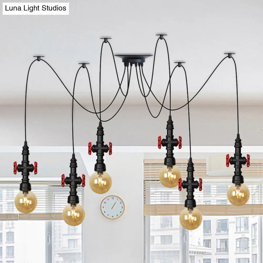 Industrial Amber Glass Swag Pendant Light Fixture with LED Multi Ceiling and Valve Deco - Globe Restaurant, Black, 2/3/6-Head Design