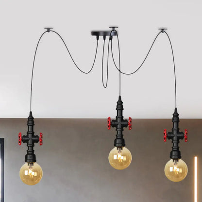 Industrial Amber Glass Swag Pendant Light Fixture with LED Multi Ceiling and Valve Deco - Globe Restaurant, Black, 2/3/6-Head Design