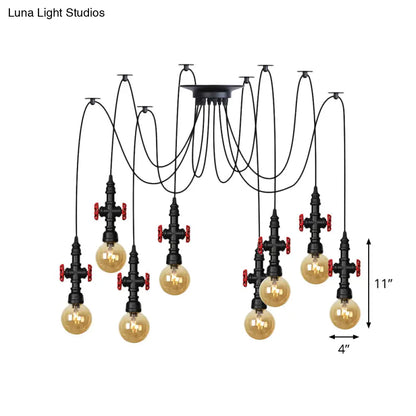 Industrial Amber Glass Swag Pendant Light Fixture with LED Multi Ceiling and Valve Deco - Globe Restaurant, Black, 2/3/6-Head Design