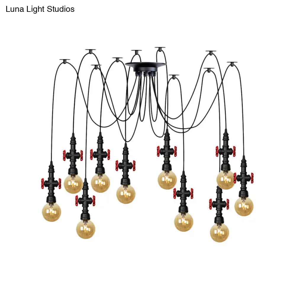 Industrial Amber Glass Swag Pendant Light Fixture with LED Multi Ceiling and Valve Deco - Globe Restaurant, Black, 2/3/6-Head Design